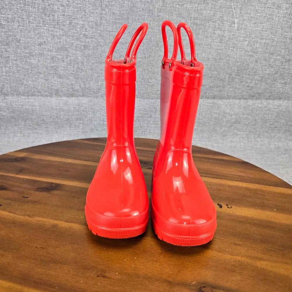 Red Toddler Rain Boots Size 8 Waterproof Pull On Handles Glossy Rubber Boots - Picture 13 of 13